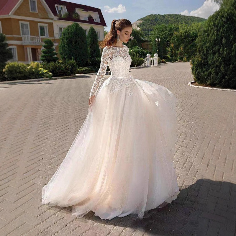 Wedding Dress New Style 2025 Summer European and American Women's Clothing Amazon Long-Sleeved Tail Bridal Wedding Dress Plus Size