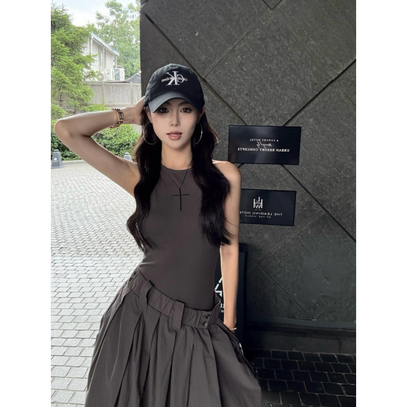 甘くてクールなホットガールの気質デザイン白いステッチ偽ツーピースドレスサスペンダーロングスカート女性用|undefined