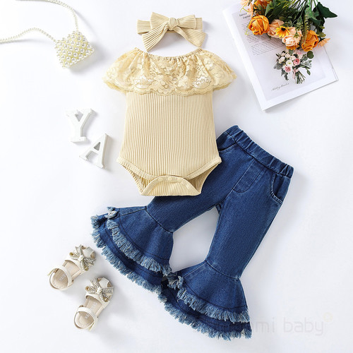 Cross-border Kids' Clothing  Summer Baby & Toddler Jumpsuit Romper Set with Lace Trim, Plus Denim Flared Pants for Girls