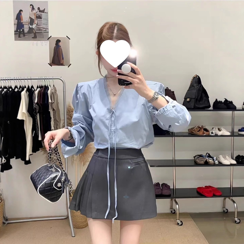 韩系风格早秋穿搭一整套女蕾丝花边V领系带长袖衬衫半身裙两件套|undefined