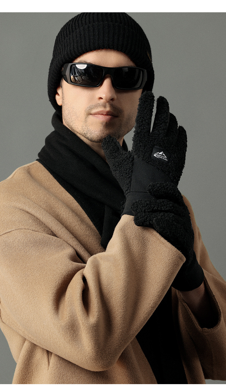 Men's autumn winter knitted plush thick warm outdoor sports cycling driving anti cold and windproof touch screen gloves_voghion.com