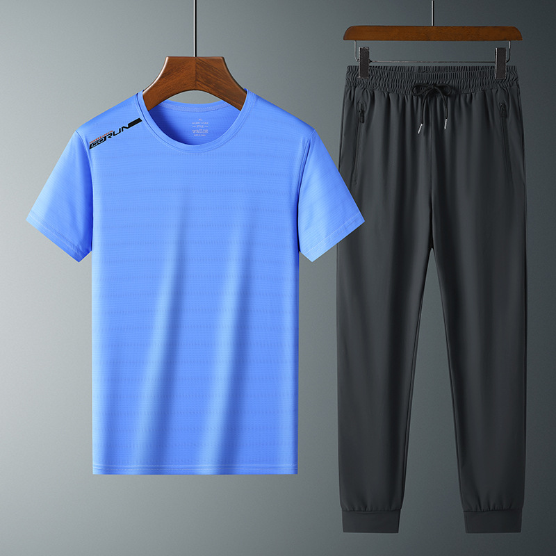 Moda pantalones de seda de hielo cuello redondo Camiseta de dos piezas para hombres talla grande suelta de secado rápido traje deportivo LOGO se puede formular