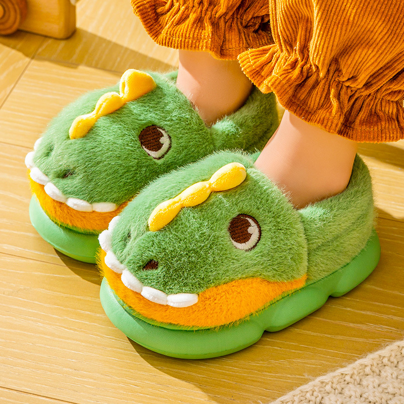 [Otoño e invierno nuevo] Zapatillas de lana para niños de invierno dibujos animados lindo dinosaurio bolsa talón Zapatillas de algodón para niños calientes