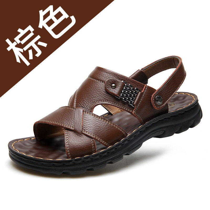 Dép sandal nam da bò lớp đầu hở ngón, dép đi biển da thật thoáng khí chống trượt size lớn — 10135 màu đen, 10888 màu đen, 12129 màu đen, 12129 vàng nâu
