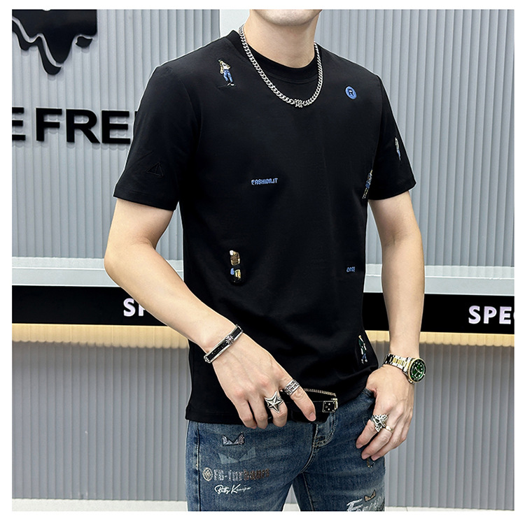 Summer Embroidered Short-sleeved Men's T-shirt American Trendy Brand 2024 New Slim-fit Crew Neck Youth Fashion Short-sleeved Bottoming Shirt_viptrois.com