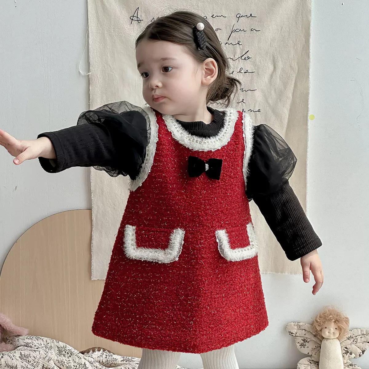 女童冬季连衣裙周岁儿童加绒新年公主裙礼服宝宝红色裙子秋冬套装