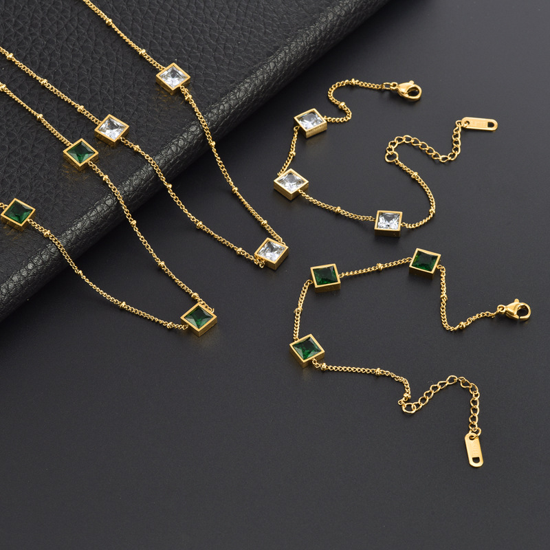 Women'S Gender Titanium Steel 18K Gold Plated Simple Style Inlay Square Rhinestones Bracelets Necklace