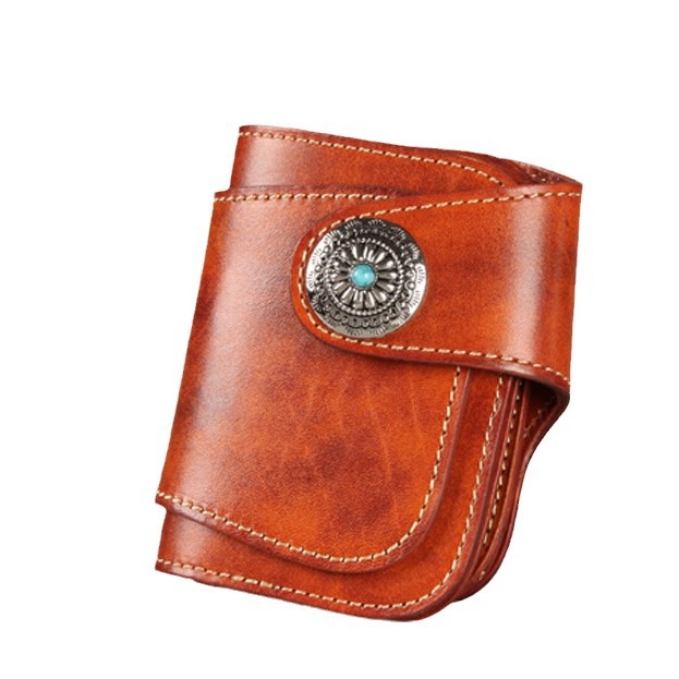 2024 en stock nuevo retro hecho a mano cuero genuino billetera de los hombres cuero curtido vegetal corto cuero turquesa un estilo Mei tela fortuna
