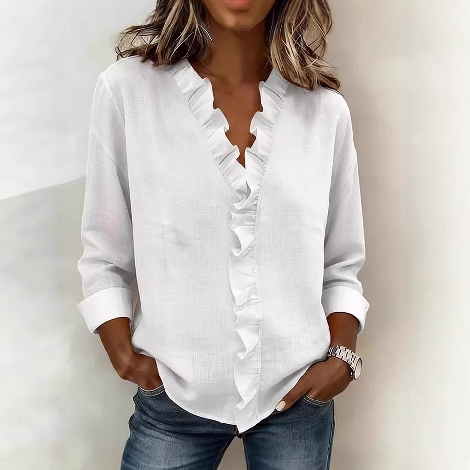 2026 European and American Spring Women's Ruffled Long-Sleeve Cotton Shirt