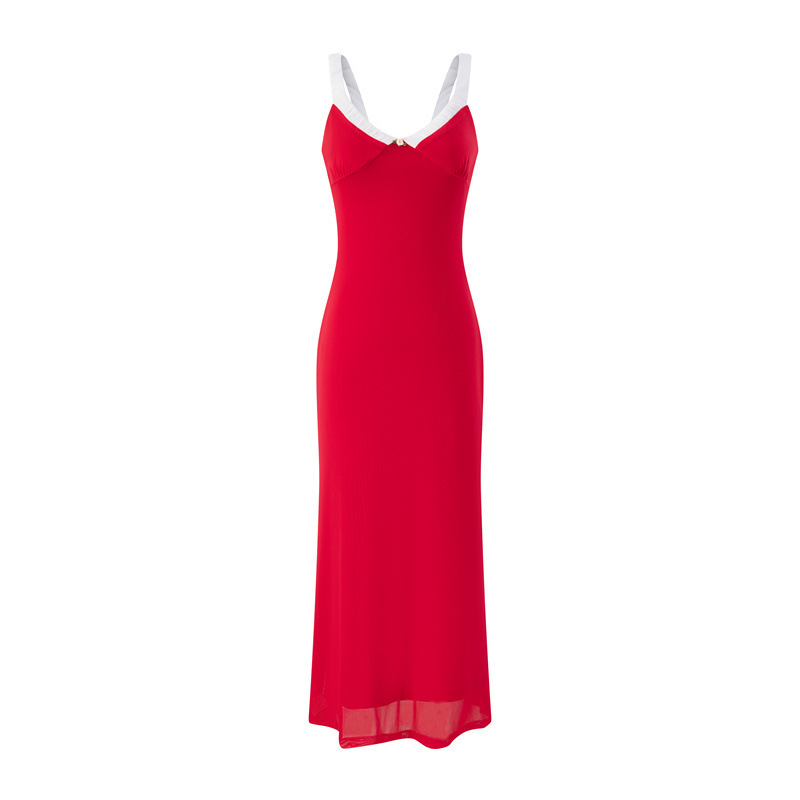 Summer New Style French High-End Elegant Elegant V Neck Lace Tight-Fitting Extra Long Red Suspender Dress for Women Summer New Style French High-End Elegant Elegant V Neck Lace Tight-Fitting Extra Long Red Suspender Dress for Women