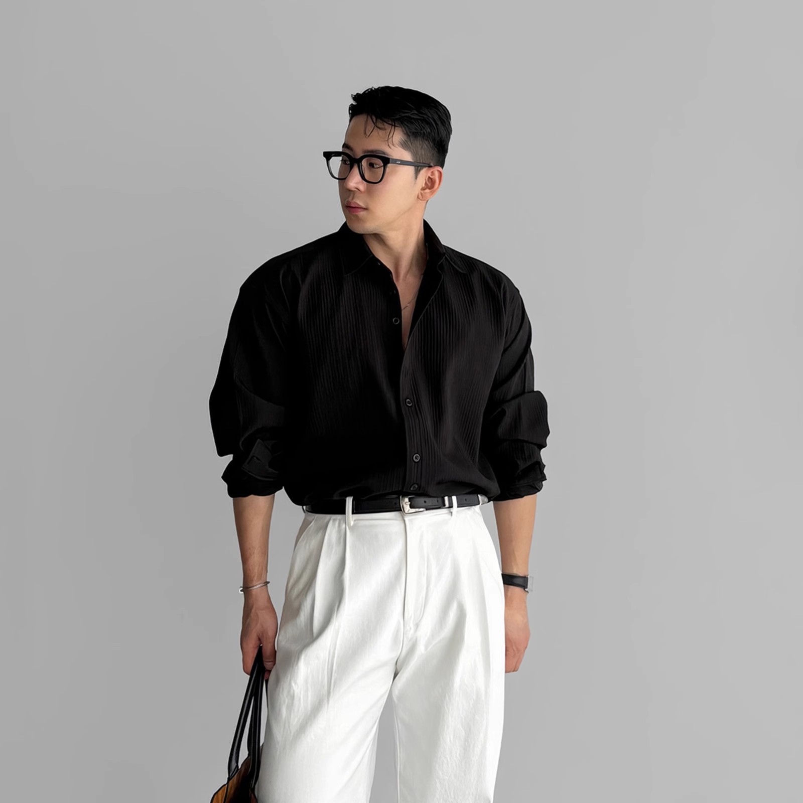 Black Long-sleeved Shirt Men's High-end Vertical Stripe Light Mature Style Shirt All-match Non-iron Casual Business Shirt
