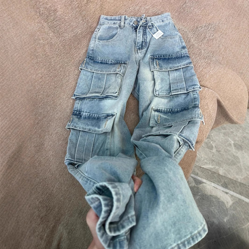 High-Heeled Vintage American Workwear Denim Jeans for Men Loose American Street Style Multi-Pocket Wide-Leg Floor-Length Pants Trendy