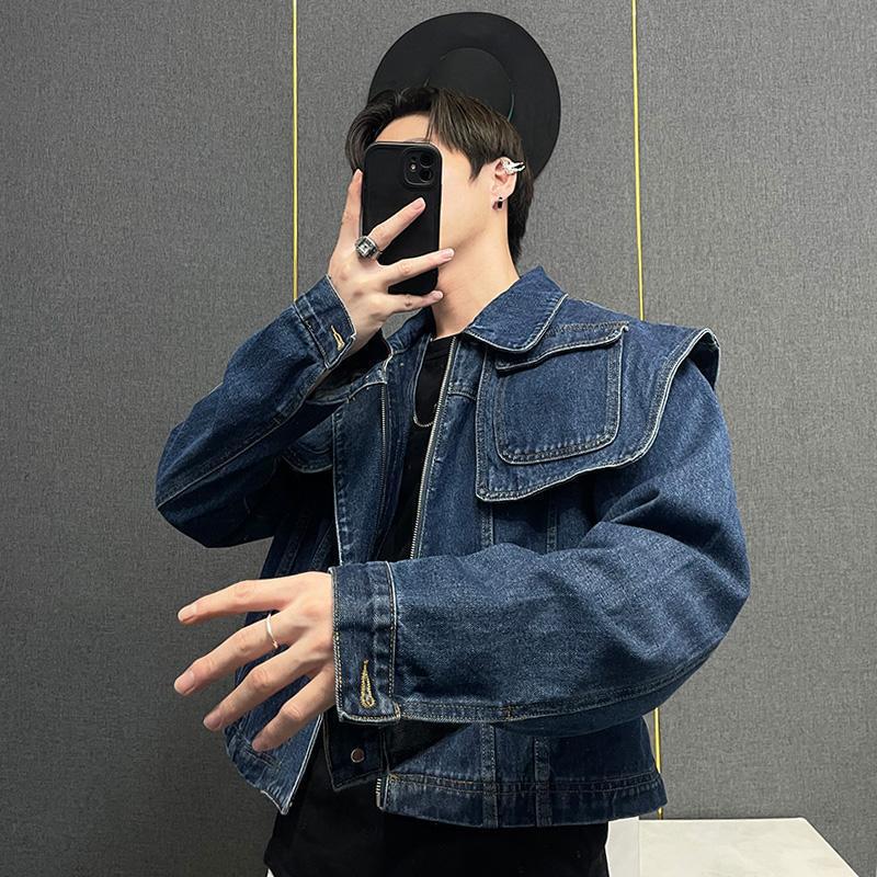2024 autumn and winter Denim coat men's retro shawl pocket design sense high short sense chic wear-resistant in stock 2024 autumn and winter Denim coat men's retro shawl pocket design sense high short sense chic wear-resistant in stock