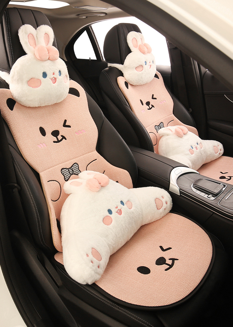 Car Seat Cushion Bear Cartoon Four-Season Universal Non-Slip Anti-Dirt Linen Seat Cover Protective Cover Full-Cover Linen Cartoon
