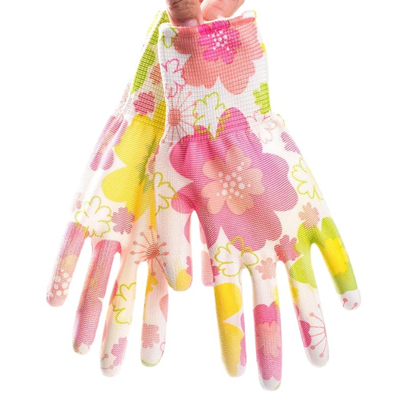 Juego de guantes de palma recubiertos de PU coloridos para mujer, protección laboral, antideslizantes, estampados, engomados, al por mayor, guantes finos de protección laboral image 1