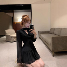 V领紫色飘带雪纺长袖连衣裙女秋冬法式高级感气质收腰显瘦短裙子