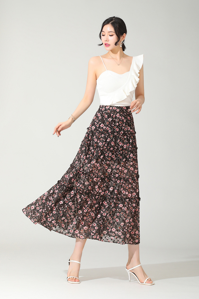 High Waist Loose Floral Chiffon Long Skirt   NSYZ48184