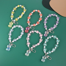 可爱渐变小熊钥匙扣创意水晶串珠小花挂件保护套情侣包包挂饰配件