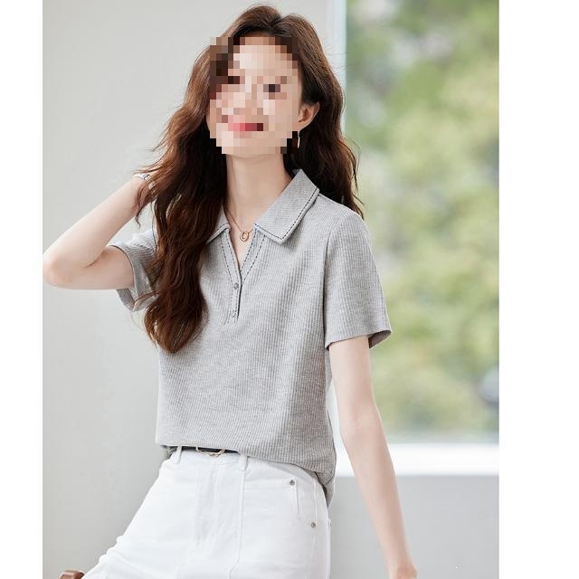 通勤百搭POLO领撞色T恤女2025夏季华夫格刺绣线设计感上衣