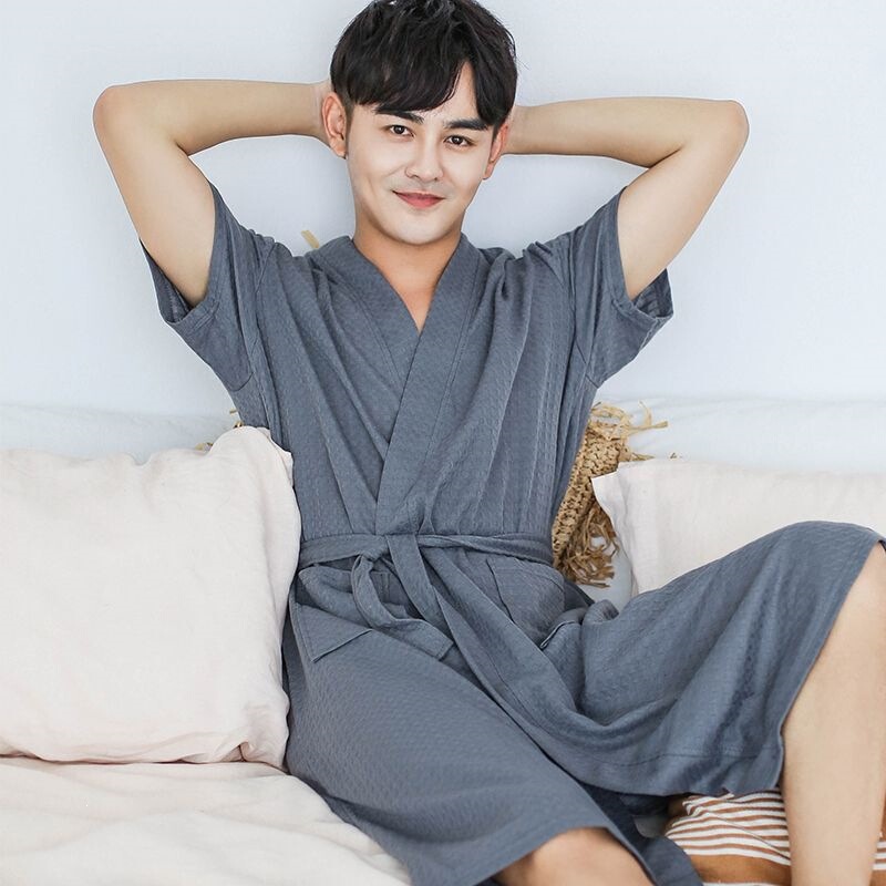 Men's Bathrobe for Spring and Summer, Thin Short-Sleeved Long Style, Water-Absorbent and Quick-Drying, Swimming Robe, Bathrobe, Sleepwear, Loungewear, Cross-Border