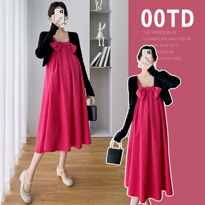 Одежда для беременных интернет-знаменитостей Весенняя одежда больших размеров Юбка-слинг в западном стиле с бантом Весна и лето красное платье из двух частей в клетку для женщин