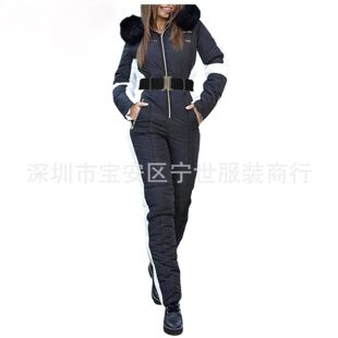European and American Cross-border Winter Outdoor Fashion One-part Ski Suit Women's Sports Ski suit Zipper Hooded Ski Suit