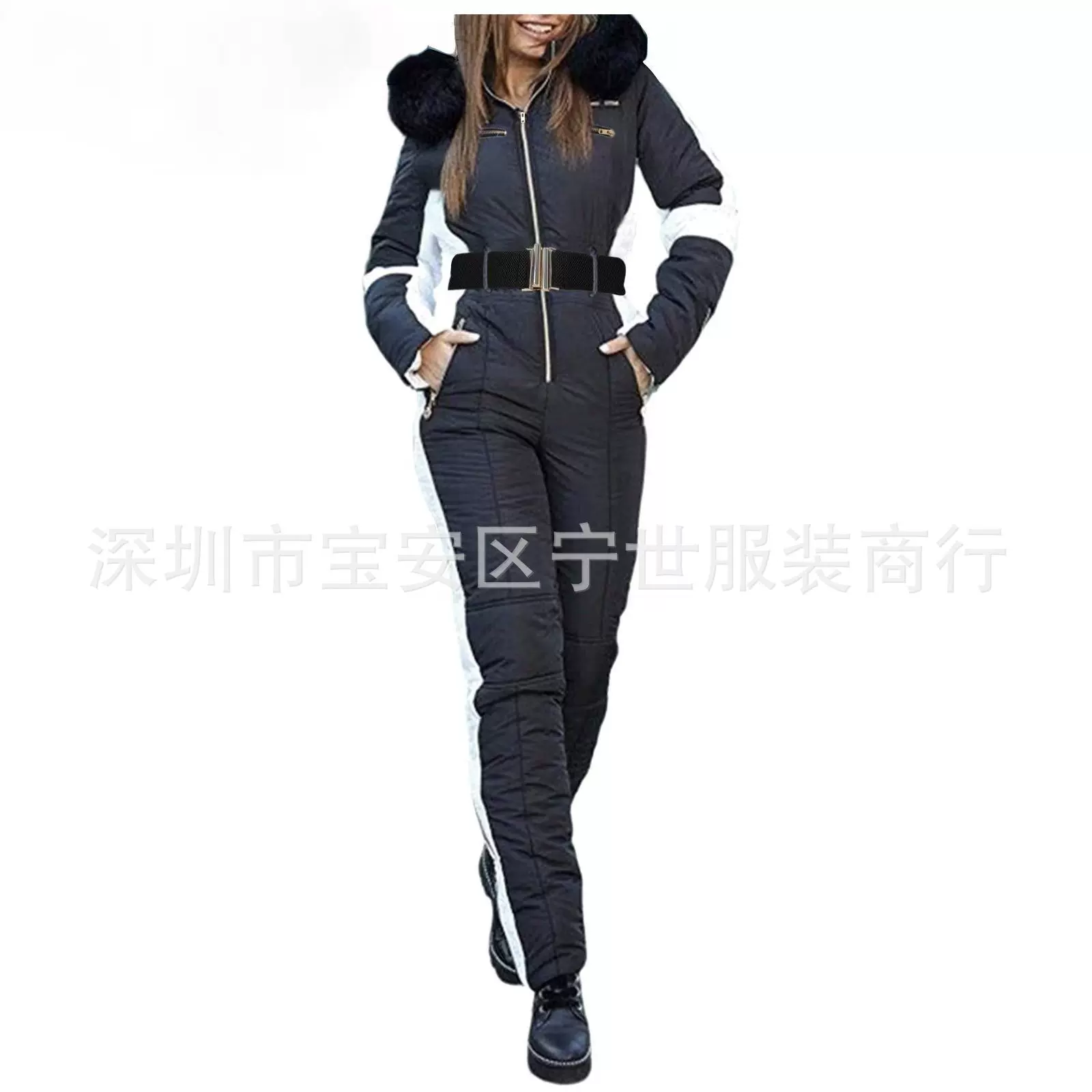 欧美跨境冬季户外时尚连体滑雪服女士运动滑雪套装拉链连帽滑雪服