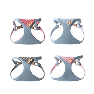 Aminger New Pet Products Denim British Plaid Button Series Chest Strap suit Pure Cotton Fabric