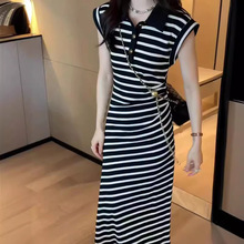 韩系POLO领短袖条纹连衣裙女夏季新款收腰显瘦气质长款包臀t恤裙