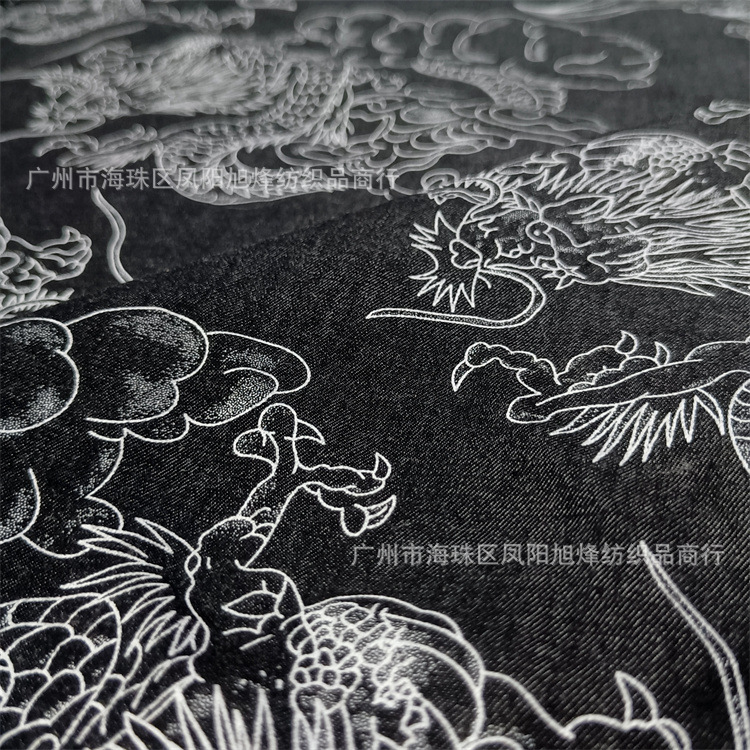 High-end black Denim printed washed fabric Longteng pattern fabric Chinese style clothing designer fabric DIY