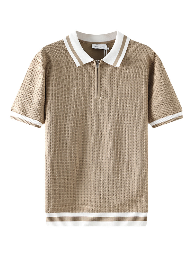 Camiseta de polo de punto de costilla de hielo con cuello superior de manga corta para hombre ligero estilo de negocios casual alta sensación de ropa de hombre