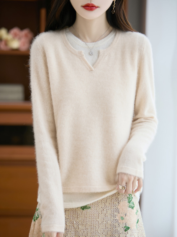 新款100纯羊毛衫女内搭气质上衣v领假两件针织拼色宽松毛衣打底衫|undefined