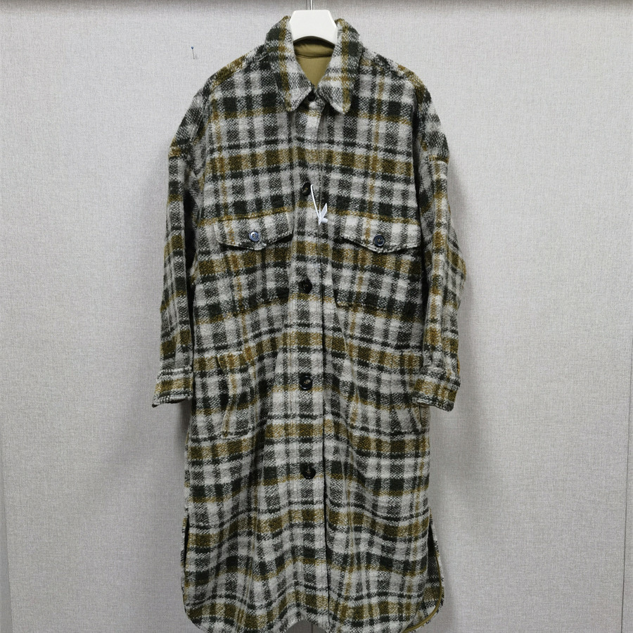 그린 체크 무늬 롱 퍼 코트