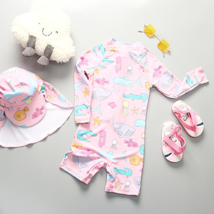 Girls Swimsuit One-Piece Long-Sleeved Sun Protection Small and Medium-Sized Children's Baby Children's Swimsuit Girl Beach Surfing Suit Trendy