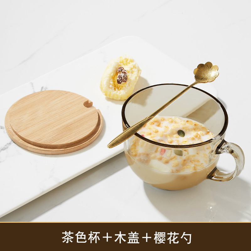 Brown breakfast cup + bamboo lid + cherry blossom spoon