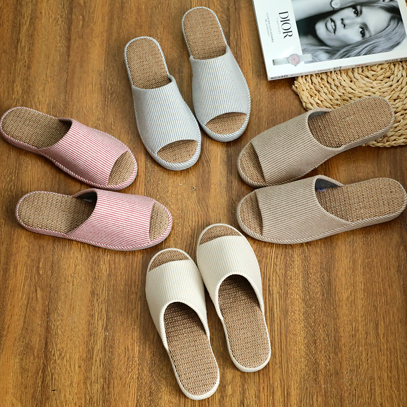 批发2315条纹良品拖鞋静音软底不易沾灰亚麻透气吸汗布艺拖鞋