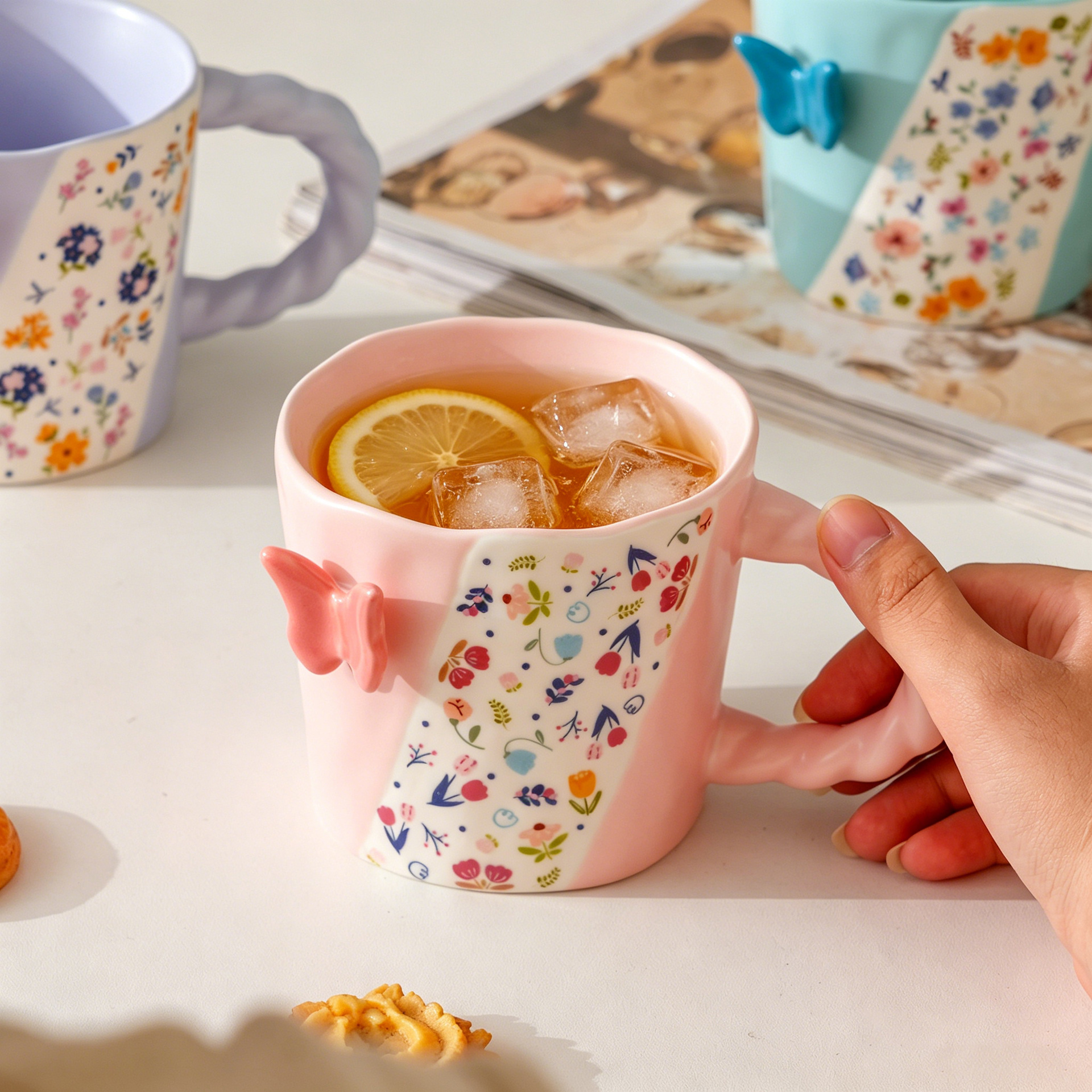 Mariposa flor triturada taza ins viento alto valor de cerámica taza de agua de oficina de niñas taza de café desayuno casero