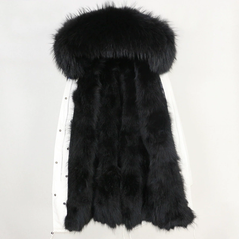 Raccoon‑dog fur mid‑length parka with large fur hood, water‑resistant outer, sizes XS–XXL