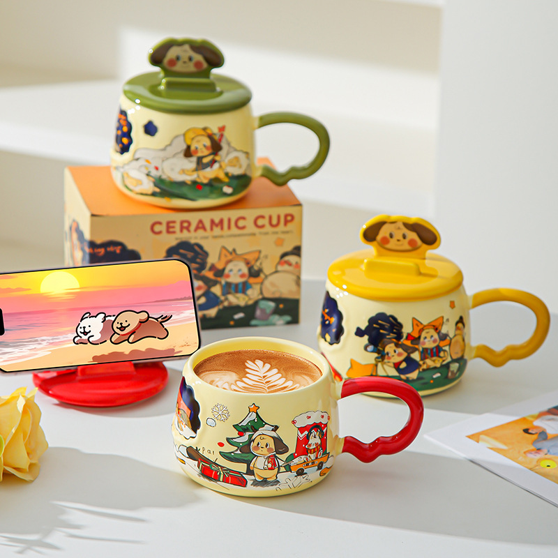 Taza de cerámica de dibujos animados creativos con soporte de teléfono móvil cubierta de taza de agua de oficina casera caja de regalo de alto valor pintada a mano taza de viento