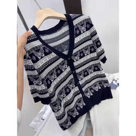 复古提花蝴蝶短袖莱赛尔天丝针织衫开衫女2025夏新气质高级感上衣