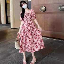 法式别致连衣裙子夏季女装水墨晕染玫瑰花褶皱收腰碎花a字中长裙