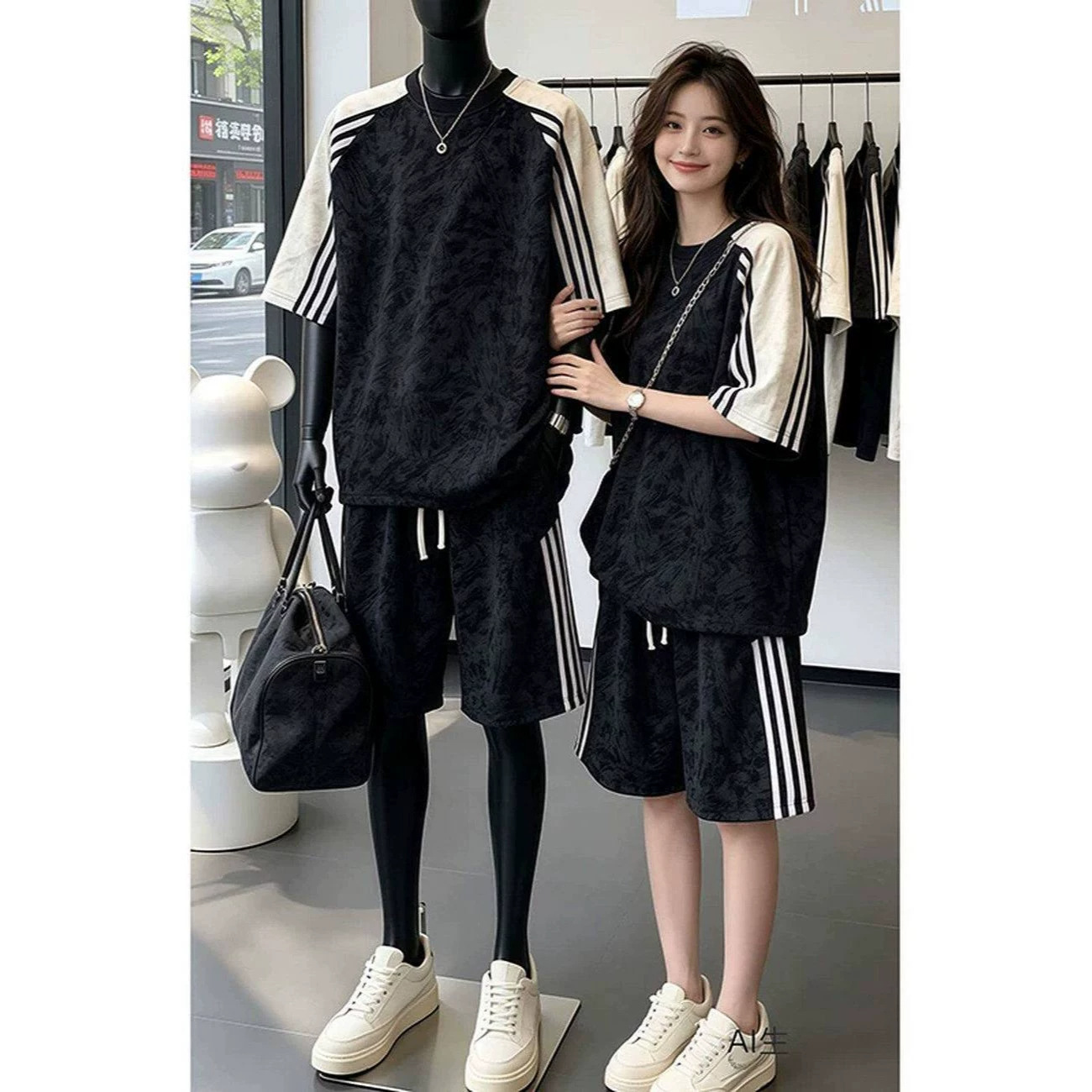 Summer trendy striped color-block minimalist two-piece men's suit, high-end, loose-fitting, handsome, simple and casual sportswear set.