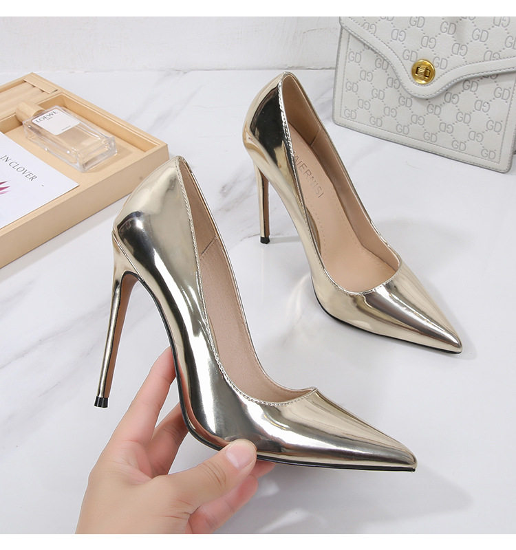 Giày cao gót mũi nhọn gót thanh mảnh 12 cm phong cách Pháp, cỡ lớn — Màu bạc, Màu vàng, Màu vàng sâm panh, Màu đậm chi tiết 32