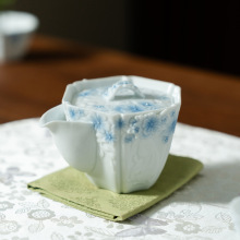 影青浮雕猫扑花影六方颜茹手抓壶功夫茶具大气陶瓷家用过滤泡茶器