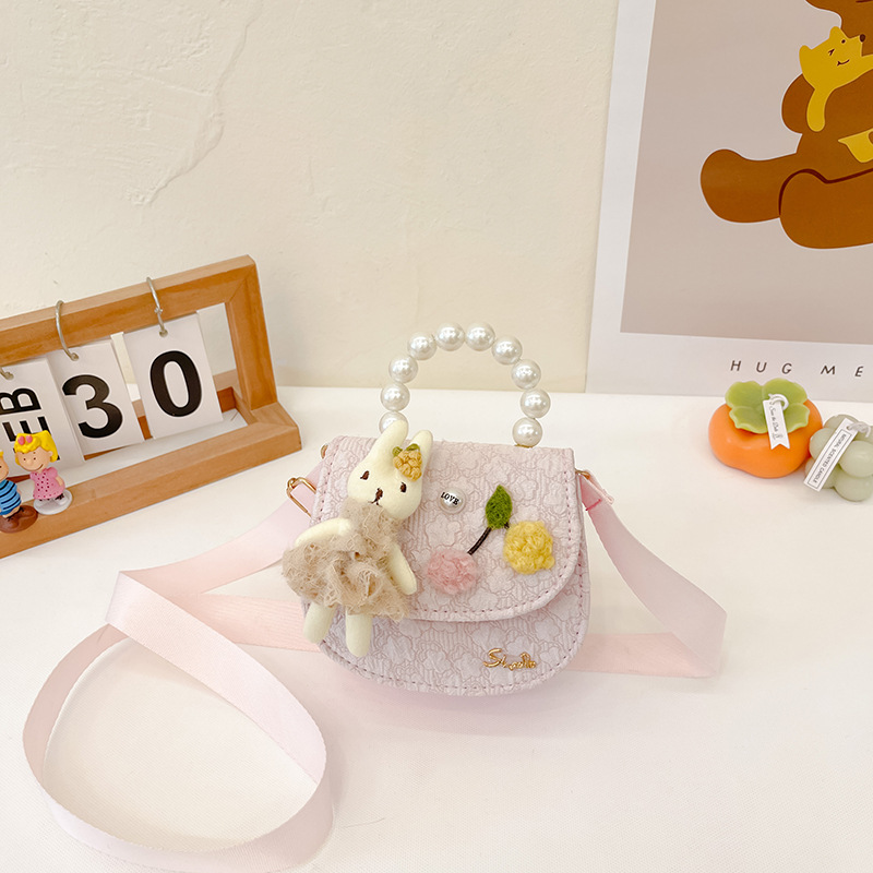 Bolso oblicuo de los niños de estilo coreano princesa estilo occidental bolso de hombro de dibujos animados conejito perla bolso niñas fuera monedero