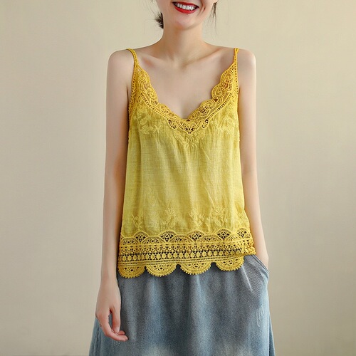 New 2024 Summer Women's Outerwear Fashion Simple Lace Hollow Outfit-Dress Blouse Top Trendy Camisole