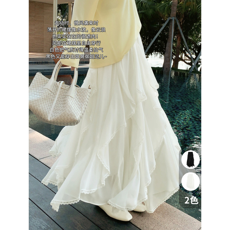 Meiyang Evening Breeze Stroll Skirt Chiffon Yarn_Fairy-Like Ruffled Black and White Fairy Skirt-Monday Meiyang Evening Breeze Stroll Skirt Chiffon Yarn_Fairy-Like Ruffled Black and White Fairy Skirt-Monday