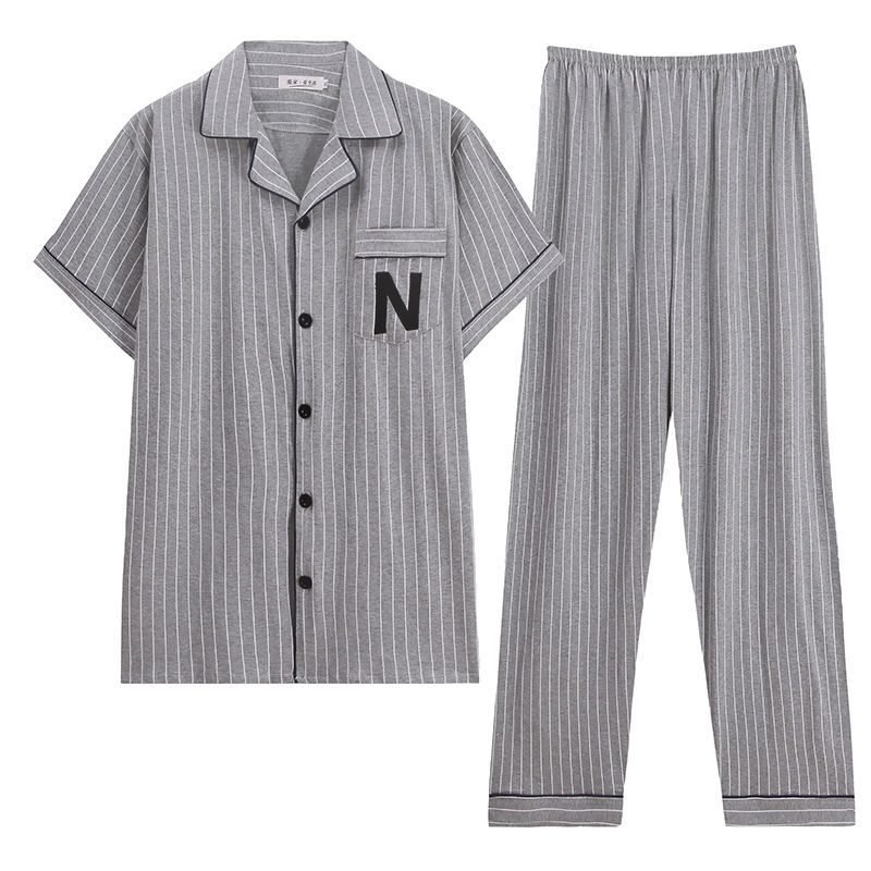 Pijamas de hombre de manga corta de verano de algodón puro ropa de hogar primavera y otoño Cardigan Pijamas de estilo Chanel DE ALTO aspecto