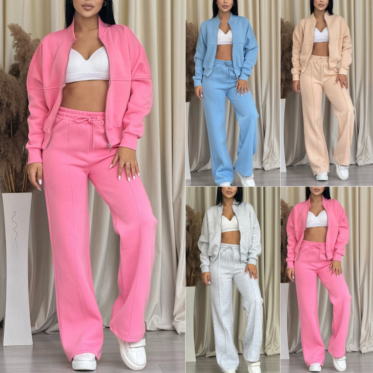 Trendy Casual Lounge Set – Zip-Up Hoodie & Matching Jogger Pants (Pink, Blue, Grey, S-5XL)_voghion.com