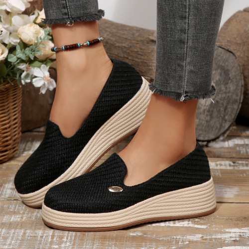 New Autumn Fabric Thick Sole One-Piece Slope Block Loafers for Women, Large Size, 43